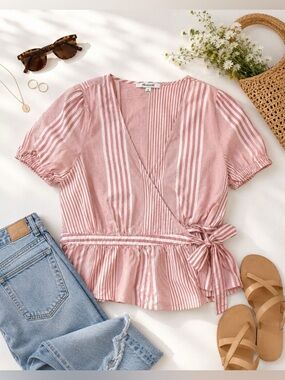 GAP Pink and White Striped Wrap Peplum Blouse